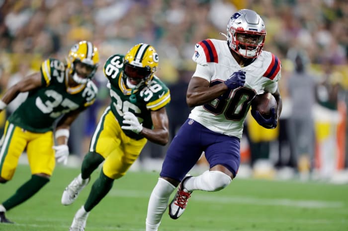 New England Patriots wide receiver Kayshon Boutte (80) runs on a touchdown pass against the Green Bay Packers.